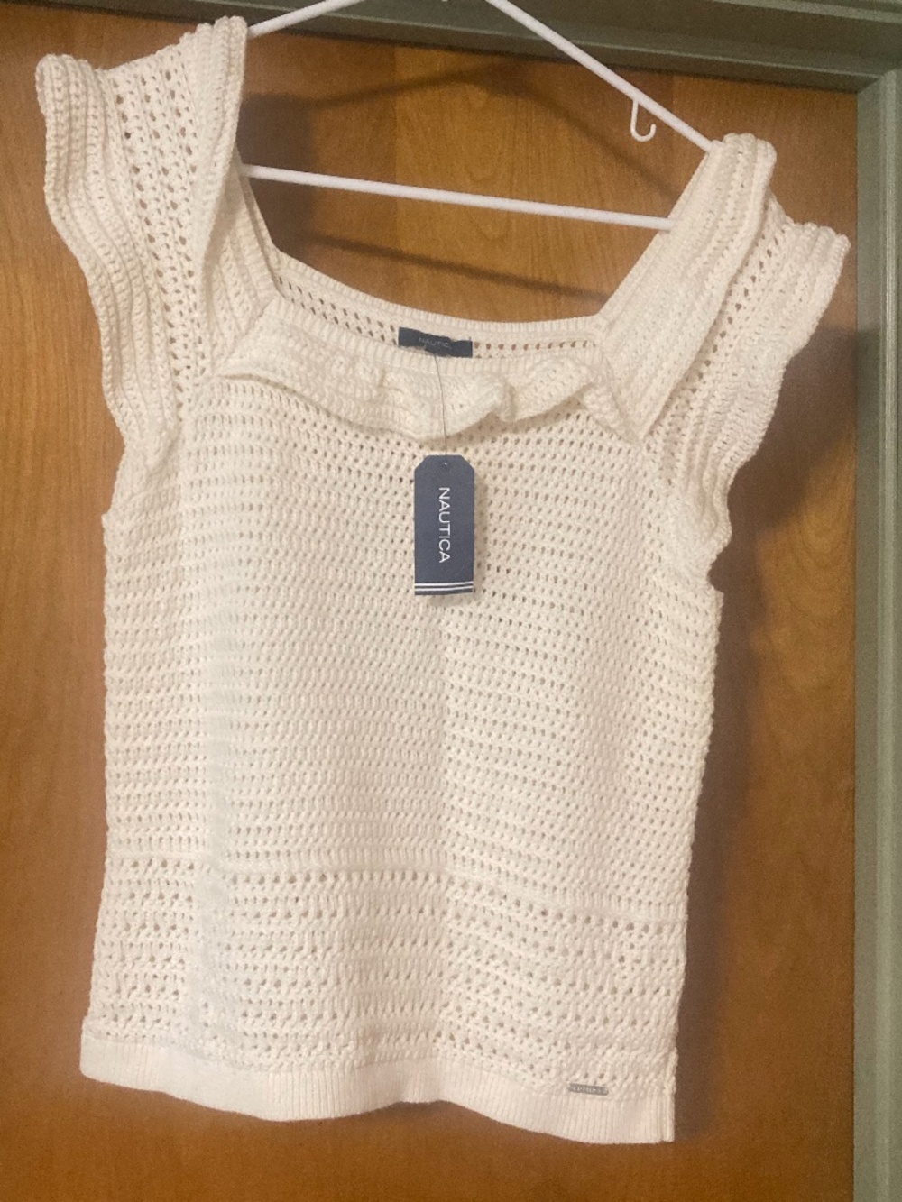 NWT White 100% Cotton Nautica Knit Sleeveless Top with Ruffle on Neckline Large